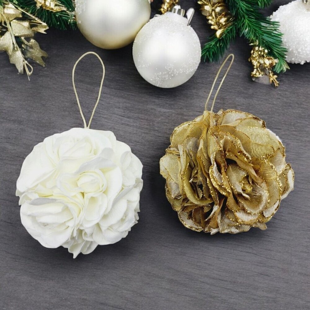 Kissing Ball Ornaments Set of 2 Silk and Ribbon Pomander Rose White and Gold